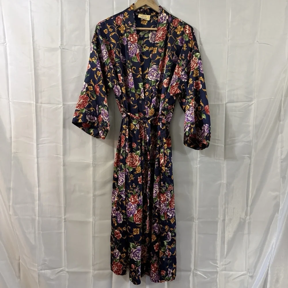 VTG Dentelle L Satin Navy Blue Floral Robe Sleepwear Lounge Kimono Cottagecore‎